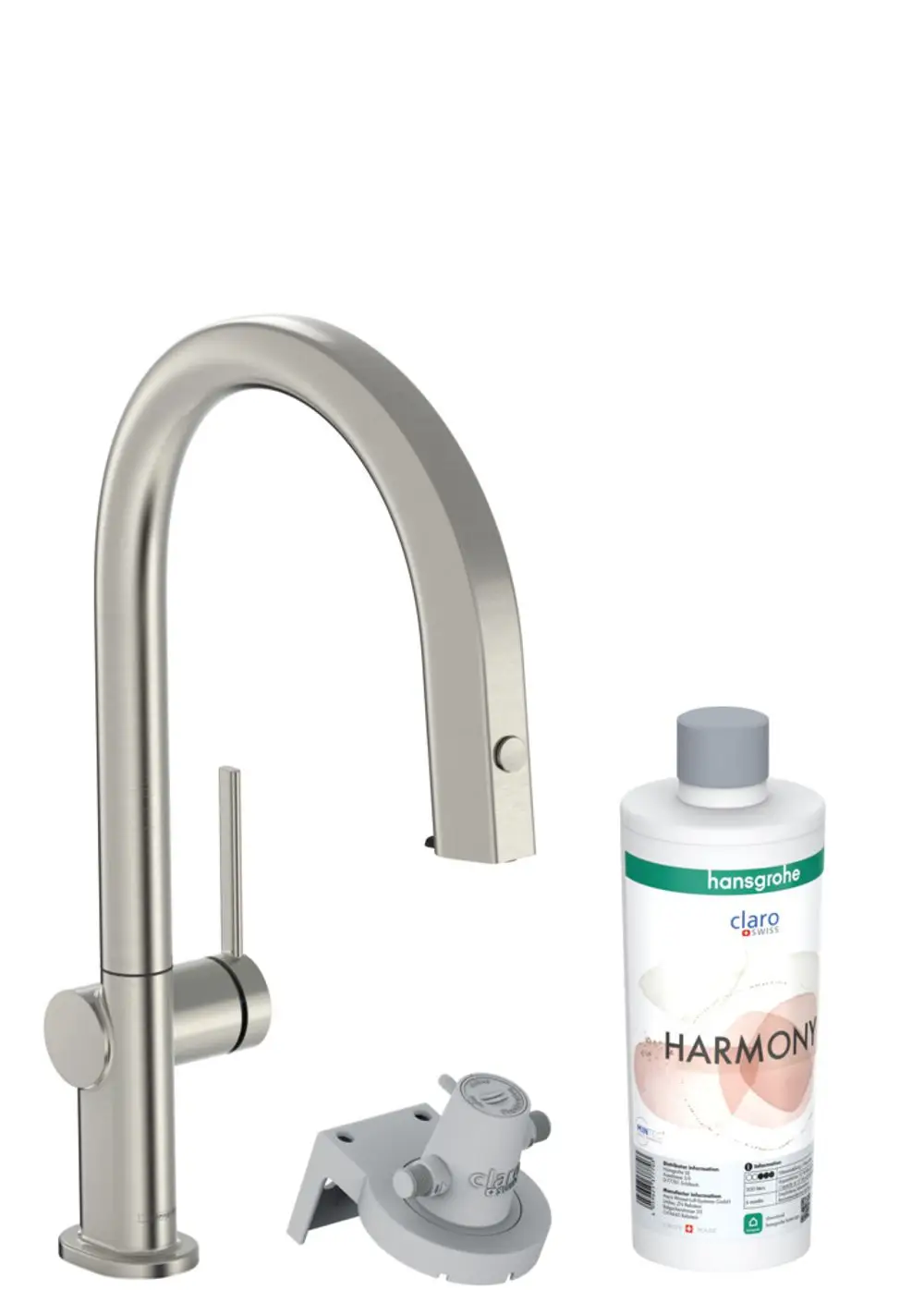 Edelstahl-Wasserhahn mit Ausziehauslauf und integriertem Filter-System. Dazu gehört eine Halterung und eine Flasche mit Hansgrohe Harmony Flüssigkeit.